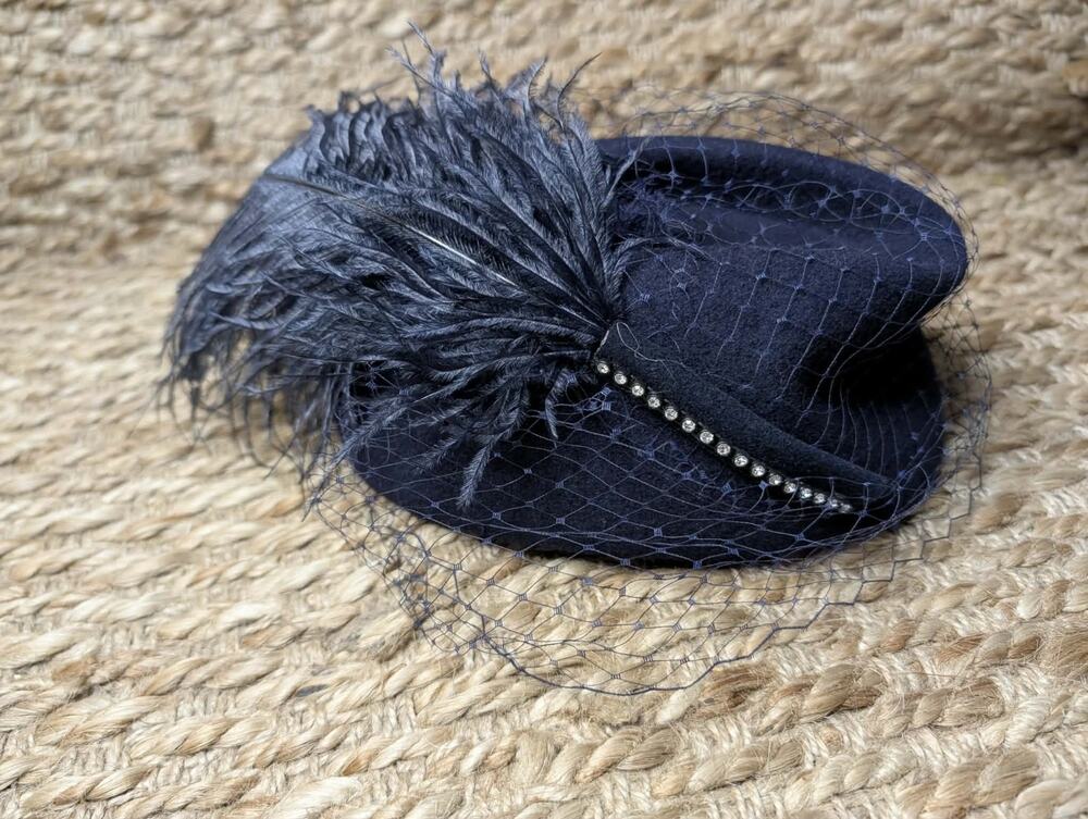Vintage Lancaster Hat Womens Blue Felt Wool Fascinator Fancy Feathers 100% Wool